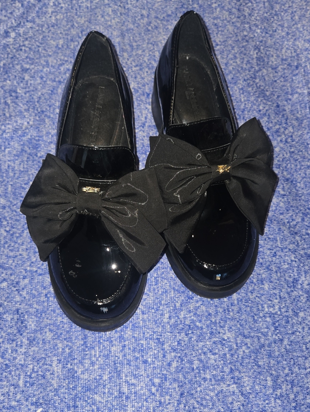 Karl Lagerfeld Black Patent Loafers with Oversized Fabric Bows